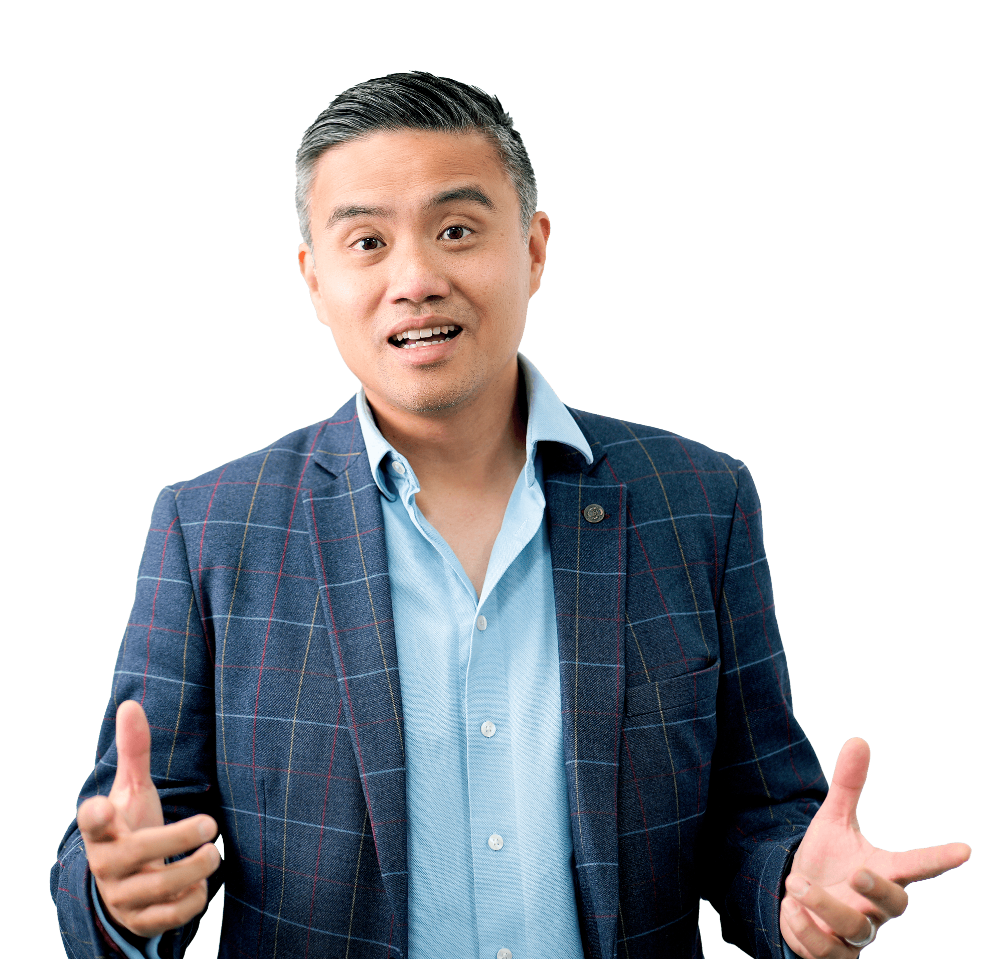 Professor Paul Lee making an open hand gesture, wearing a blue plaid blazer